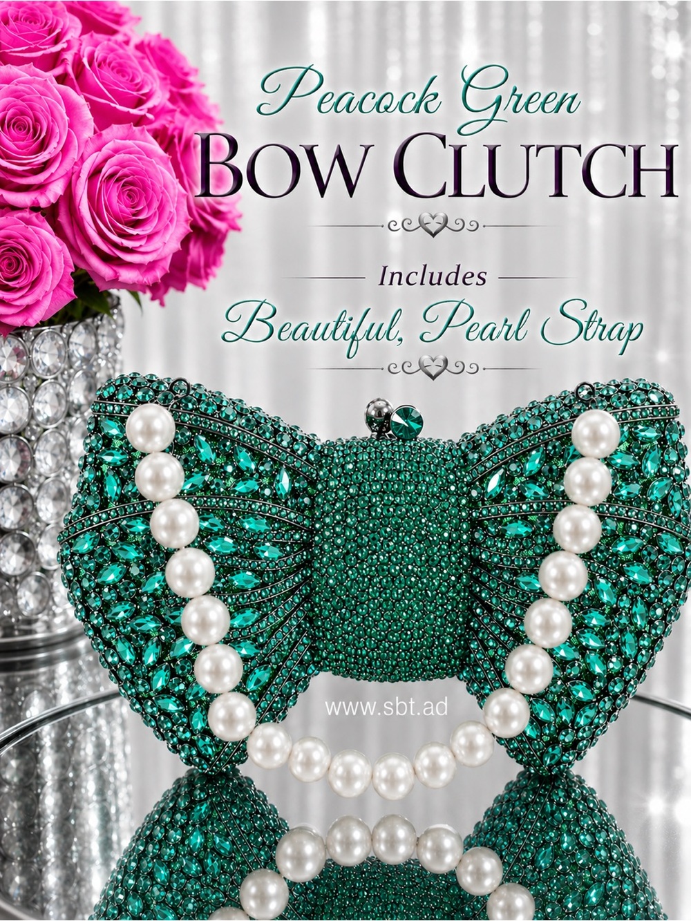 NEW Bow Clutch Purse Sparkling Bling Crystal Rhinestone Bag With Pearl Strap